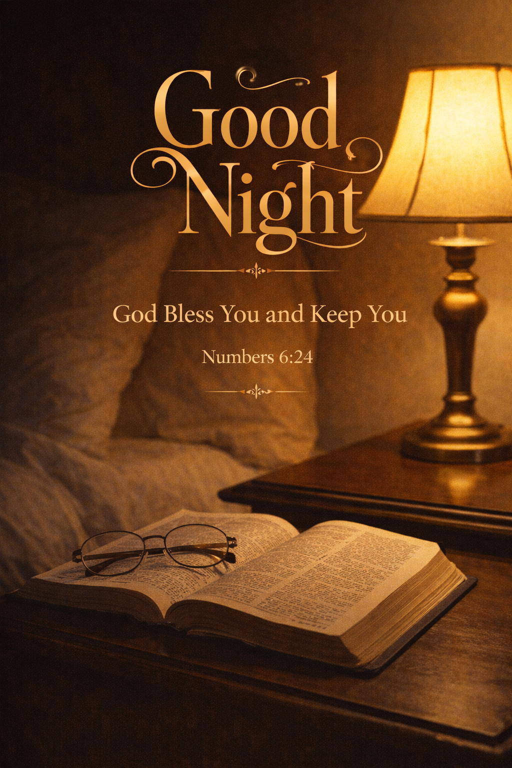 Open Bible with reading glasses on a nightstand, soft bedside lamp glowing warmly, text "Good Night God Bless You and Keep You Numbers 6:24" -- HD good night blessings wallpaper